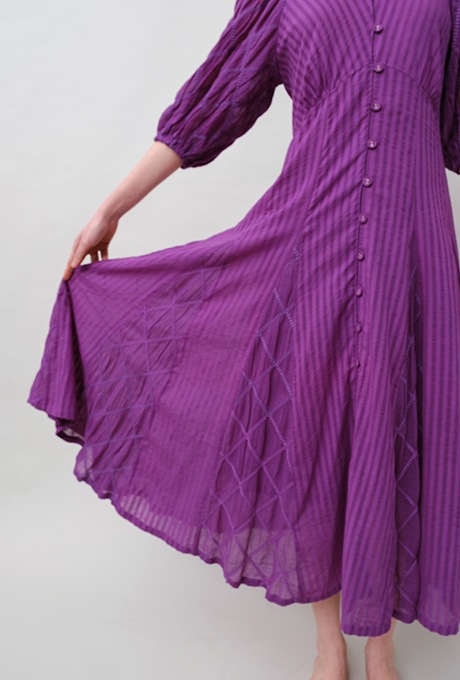 Embroidery Paff Sleeve Cotton Stripe Dobby Middle Dress