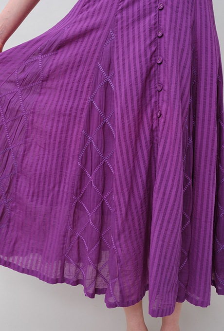 Embroidery Paff Sleeve Cotton Stripe Dobby Middle Dress