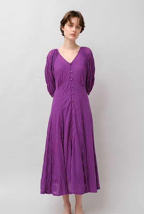 Embroidery Paff Sleeve Cotton Stripe Dobby Middle Dress