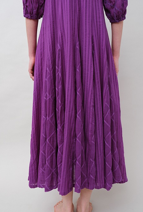 Embroidery Paff Sleeve Cotton Stripe Dobby Middle Dress
