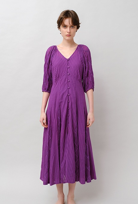 Embroidery Paff Sleeve Cotton Stripe Dobby Middle Dress