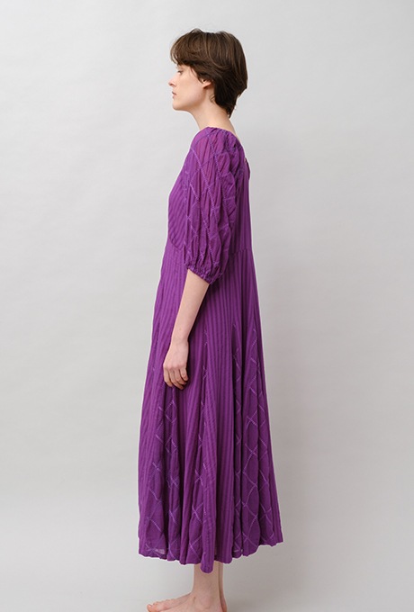 Embroidery Paff Sleeve Cotton Stripe Dobby Middle Dress