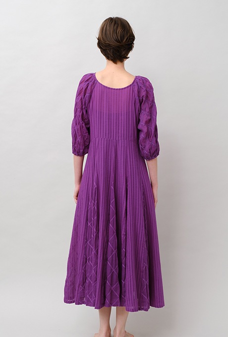 Embroidery Paff Sleeve Cotton Stripe Dobby Middle Dress