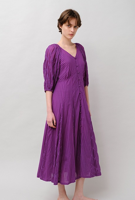 Embroidery Paff Sleeve Cotton Stripe Dobby Middle Dress