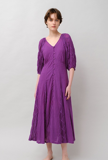 Embroidery Paff Sleeve Cotton Stripe Dobby Middle Dress