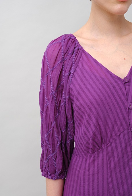 Embroidery Paff Sleeve Cotton Stripe Dobby Middle Dress