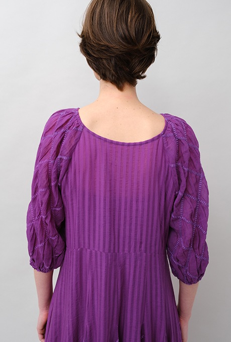 Embroidery Paff Sleeve Cotton Stripe Dobby Middle Dress