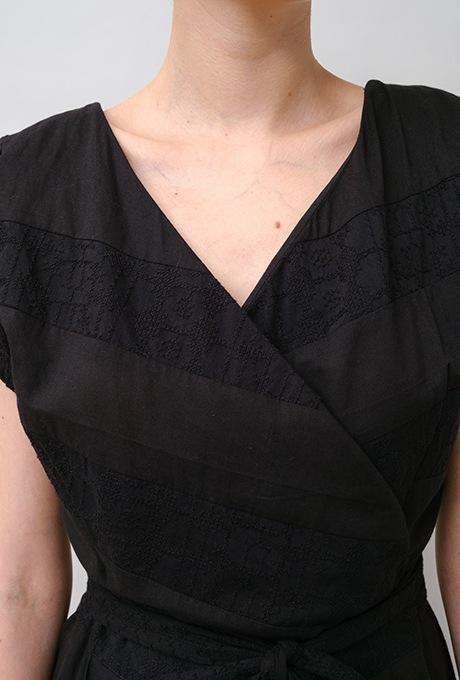 Embroidery Cotton French Sleeve Wrap Middle Dress