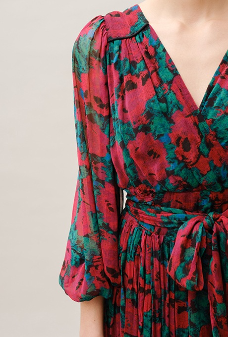 Flower Print Chiffon Wrap Middle Dress