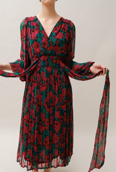 Flower Print Chiffon Wrap Middle Dress