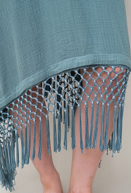 Poncho Robe Cotton Double Gauze Fringe Tassel Antique Blue