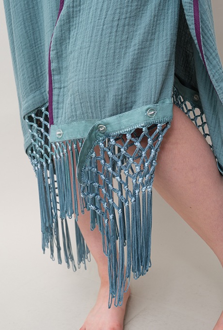 Poncho Robe Cotton Double Gauze Fringe Tassel Antique Blue