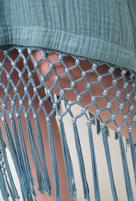 Poncho Robe Cotton Double Gauze Fringe Tassel Antique Blue