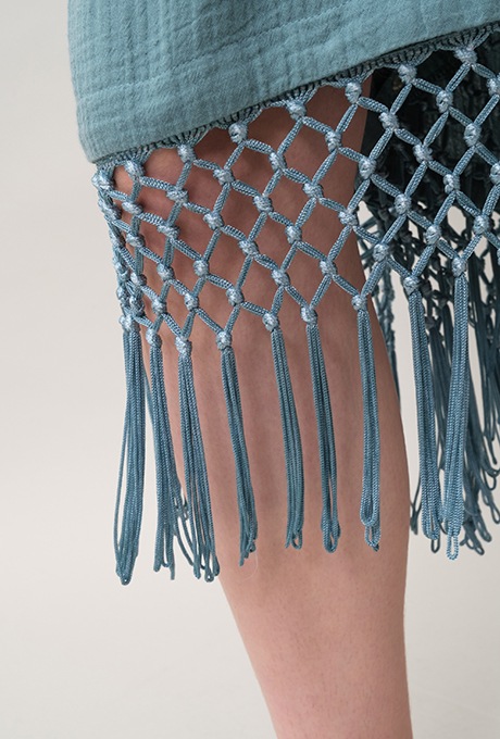 Poncho Robe Cotton Double Gauze Fringe Tassel Antique Blue