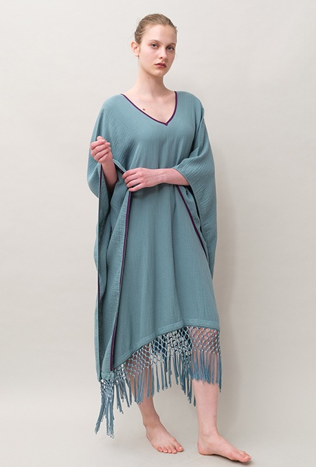 Poncho Robe Cotton Double Gauze Fringe Tassel Antique Blue