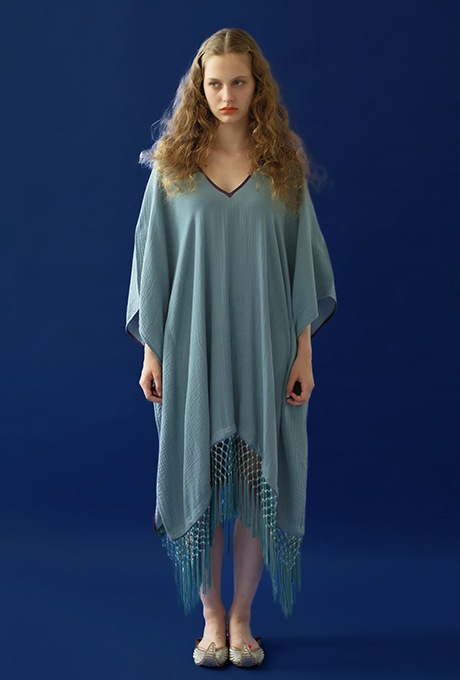 Poncho Robe Cotton Double Gauze Fringe Tassel Antique Blue