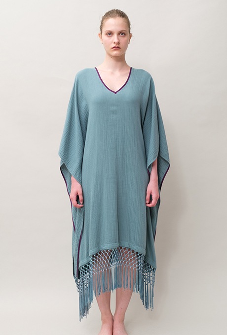 Poncho Robe Cotton Double Gauze Fringe Tassel Antique Blue