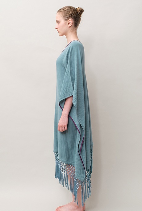 Poncho Robe Cotton Double Gauze Fringe Tassel Antique Blue