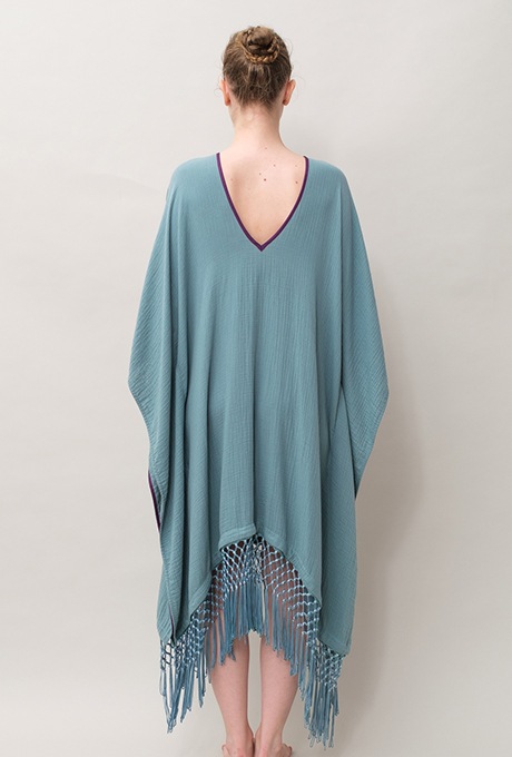 Poncho Robe Cotton Double Gauze Fringe Tassel Antique Blue