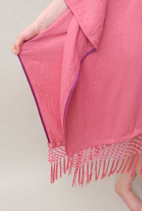Poncho Robe Cotton Double Gauze Fringe Tassel Rose Pink