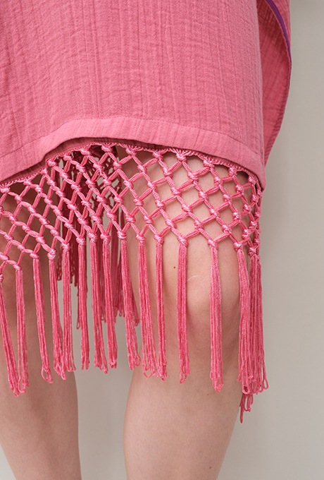 Poncho Robe Cotton Double Gauze Fringe Tassel Rose Pink