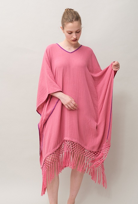 Poncho Robe Cotton Double Gauze Fringe Tassel Rose Pink