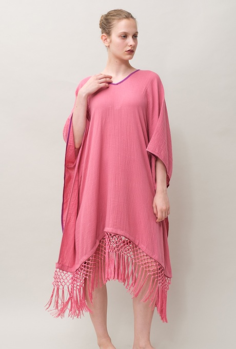 Poncho Robe Cotton Double Gauze Fringe Tassel Rose Pink