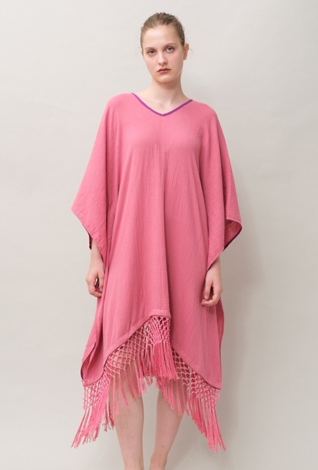 Poncho Robe Cotton Double Gauze Fringe Tassel Rose Pink