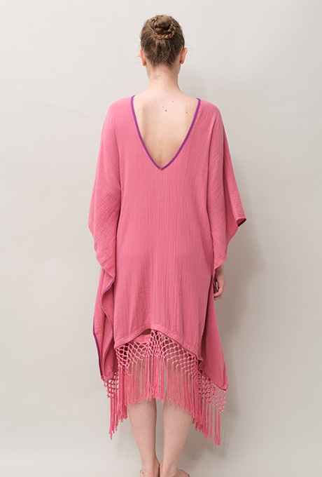 Poncho Robe Cotton Double Gauze Fringe Tassel Rose Pink