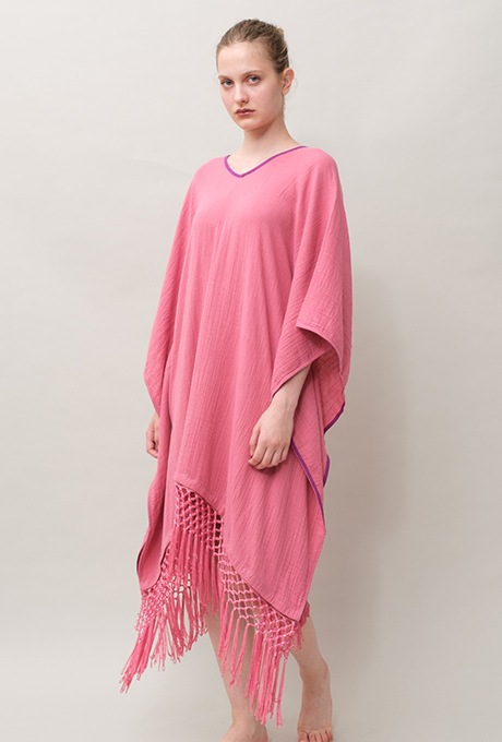 Poncho Robe Cotton Double Gauze Fringe Tassel Rose Pink