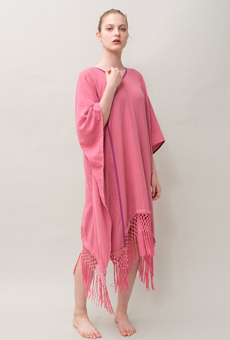 Poncho Robe Cotton Double Gauze Fringe Tassel Rose Pink
