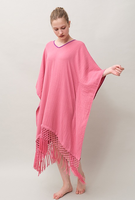 Poncho Robe Cotton Double Gauze Fringe Tassel Rose Pink