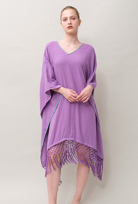 Poncho Robe Cotton Double Gauze Fringe Tassel Purple