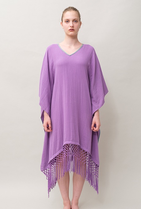 Poncho Robe Cotton Double Gauze Fringe Tassel Purple