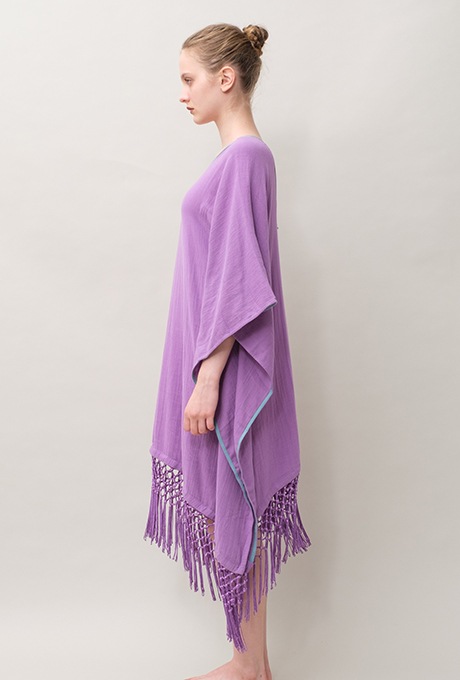 Poncho Robe Cotton Double Gauze Fringe Tassel Purple