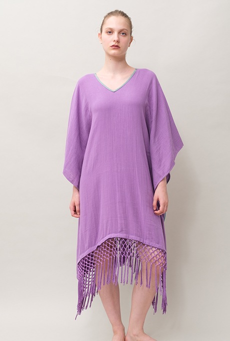 Poncho Robe Cotton Double Gauze Fringe Tassel Purple