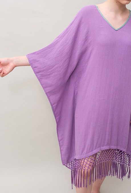 Poncho Robe Cotton Double Gauze Fringe Tassel Purple
