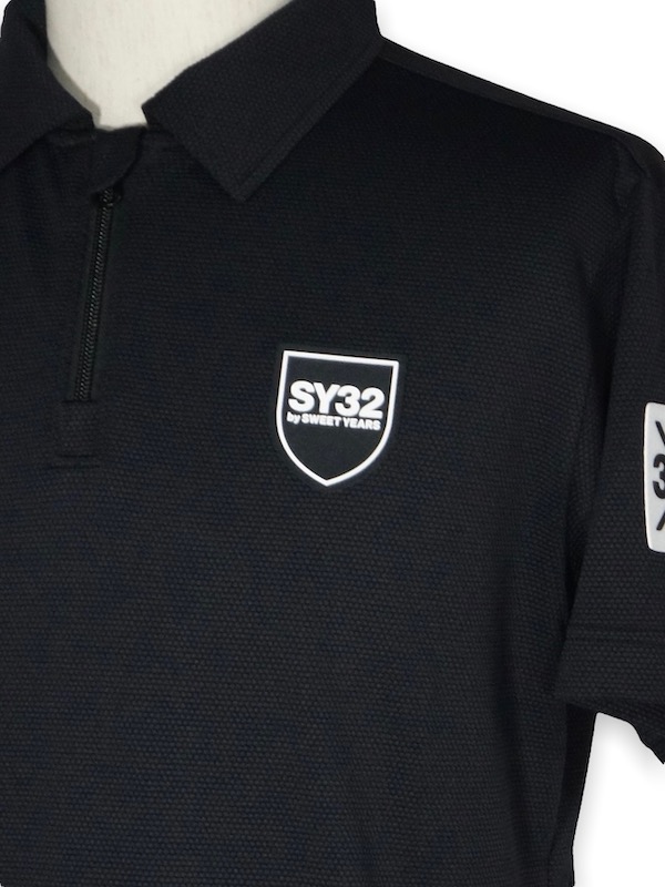 SY32 by SWEET YEARS��ACTIVE BACK PRINT ZIP POLO SHIRTS��BLACK