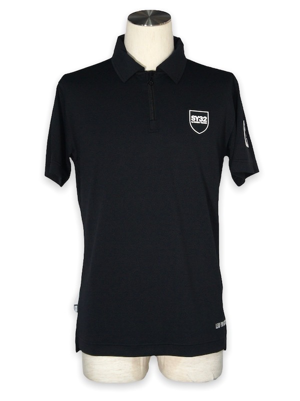 SY32 by SWEET YEARS��ACTIVE BACK PRINT ZIP POLO SHIRTS��BLACK