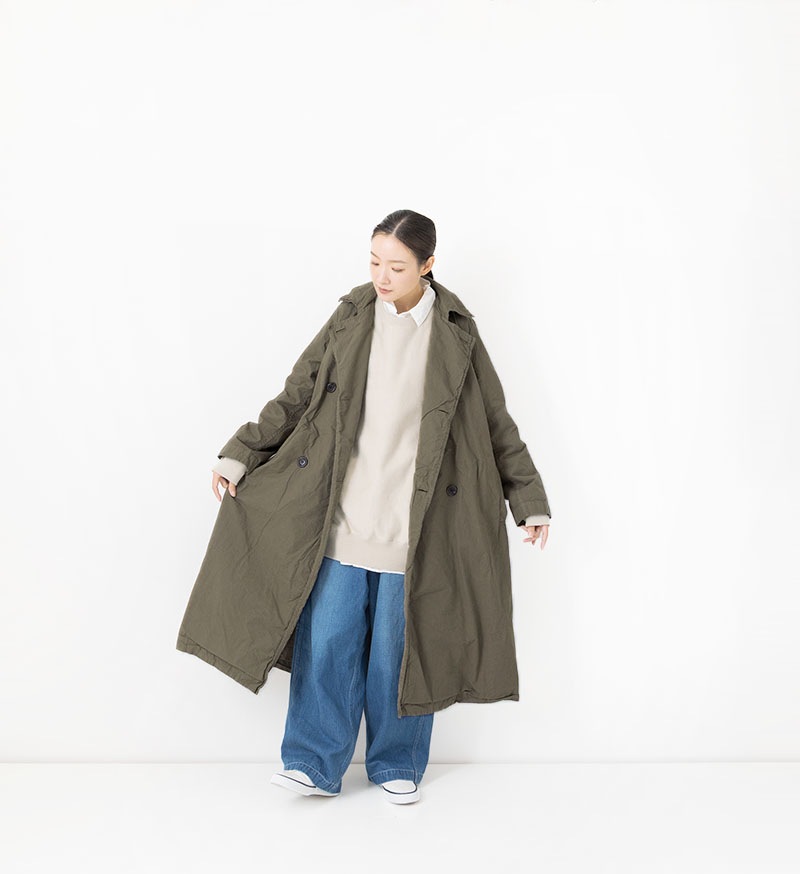 【美品】リミフゥ ピーコート ダブル 裏地 花柄 ウール グリーン系 S 風呂敷包付き】綿ウール撚り杢ななこ織コート七実の木（ななみのき