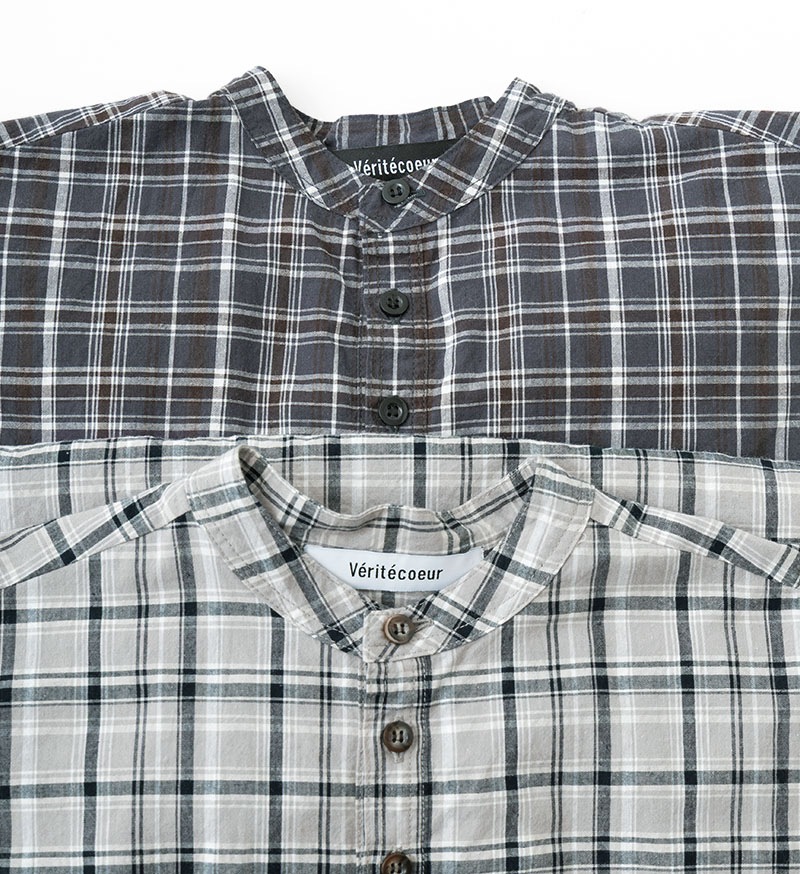 未使用タグ付【Veritecoeur】ヘンリーチュニック シャツ リネン Veritecoeur ヘンリーネックシャツ NAVY CHECK サイズ；F VC-2873B