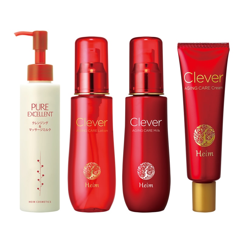 【4点セット】クレンジング＋エイジングケア（ピュアエクセレントG クレンジング＆マッサージミルク／クレヴァーエイジングケアシリーズ[ローション／ミルク／クリーム]）