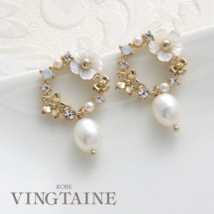 ◇SALE◇シェルフラワー×淡水パールサークルピアス P5025 | ピアス