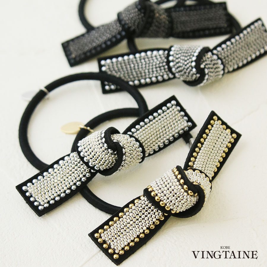 スタッズ×チェーンリボンヘアゴム・ポニーフック H7773 | ヘア