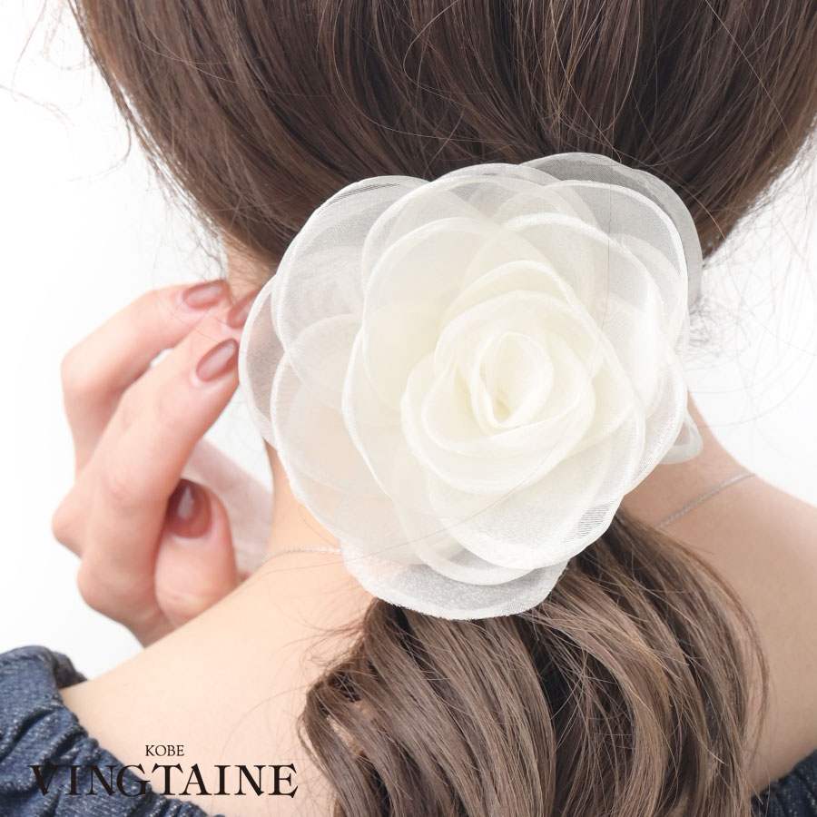 ☆ネコポス送料無料☆オーガンジーボリュームカメリアヘアシュシュ