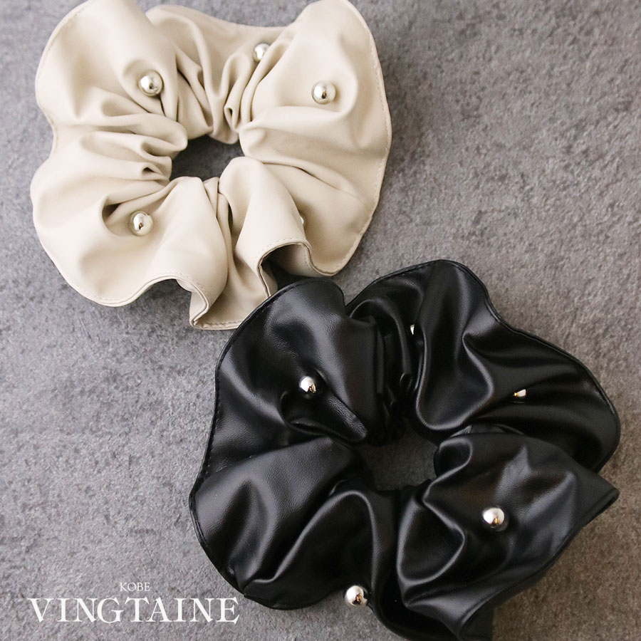 【美品】heyep レザー調シュシュ heyep(ヘイップ)/Faux Leather Studded Scrunchie-Medium