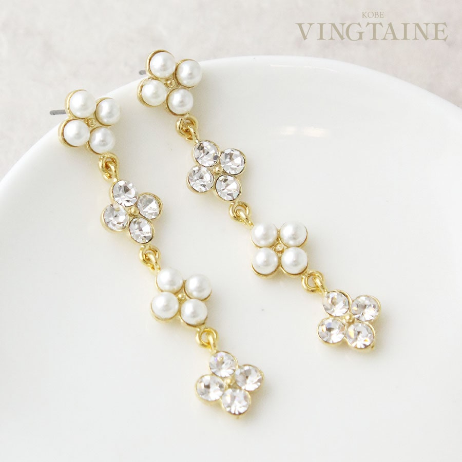 ストーン×パール4連フラワーピアス・イヤリング P5271 | ピアス