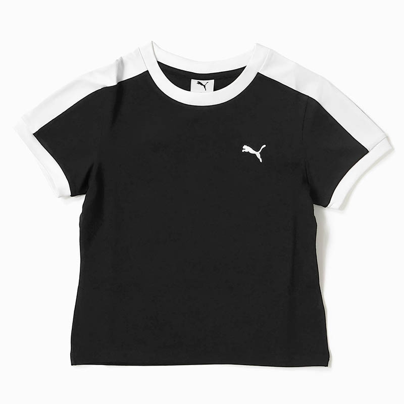 プーマ PUMA Tシャツ 半袖 T7 スリム ミニT レディース トップス スポーティー プーマキャット ショート丈 ミニ丈 服 ロゴ サイドパネル M/L/XL 2026年秋 新作 633952 | ブランド [正規取扱店]