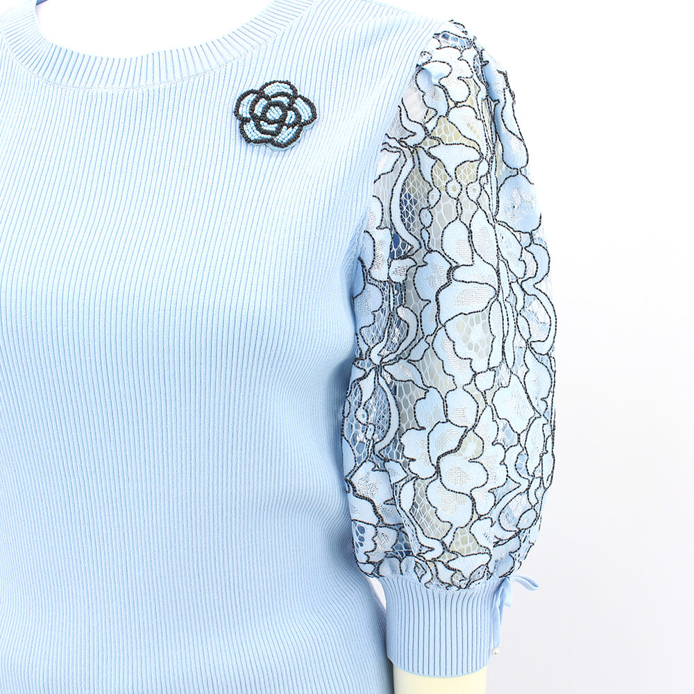 2025SS⭐️スーパービューティー⭐️タフタ素材袖＆花ニットカーディガン44 2025SS⭐️スーパービューティー⭐️タフタ素材袖＆花ニット