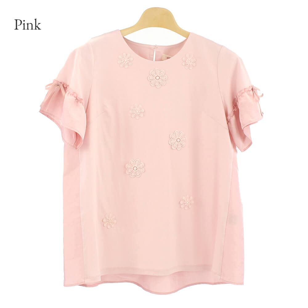 【新品】スーパービューティー花モチーフ付異素材切替Ｔシャツ44 クリアランスセール 50％OFF】スーパービューティー Super